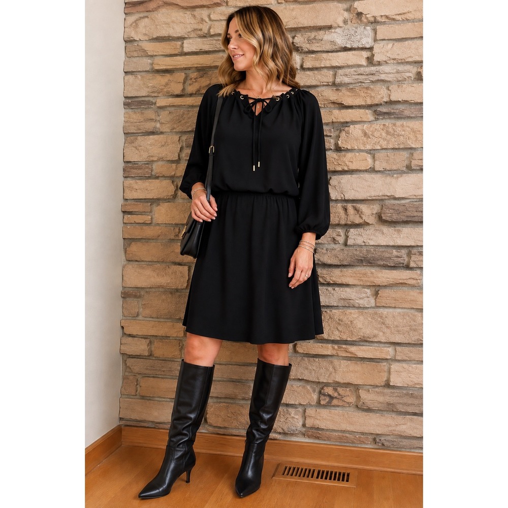 White House Black Market Black Grommet Tie Neck Blouson Dress XL 570133193